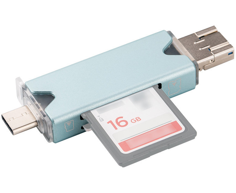 Картридер USB 3.0 + Type-C + MicroUSB OTG для SD и MicroSD карт памяти (светло-голубой)