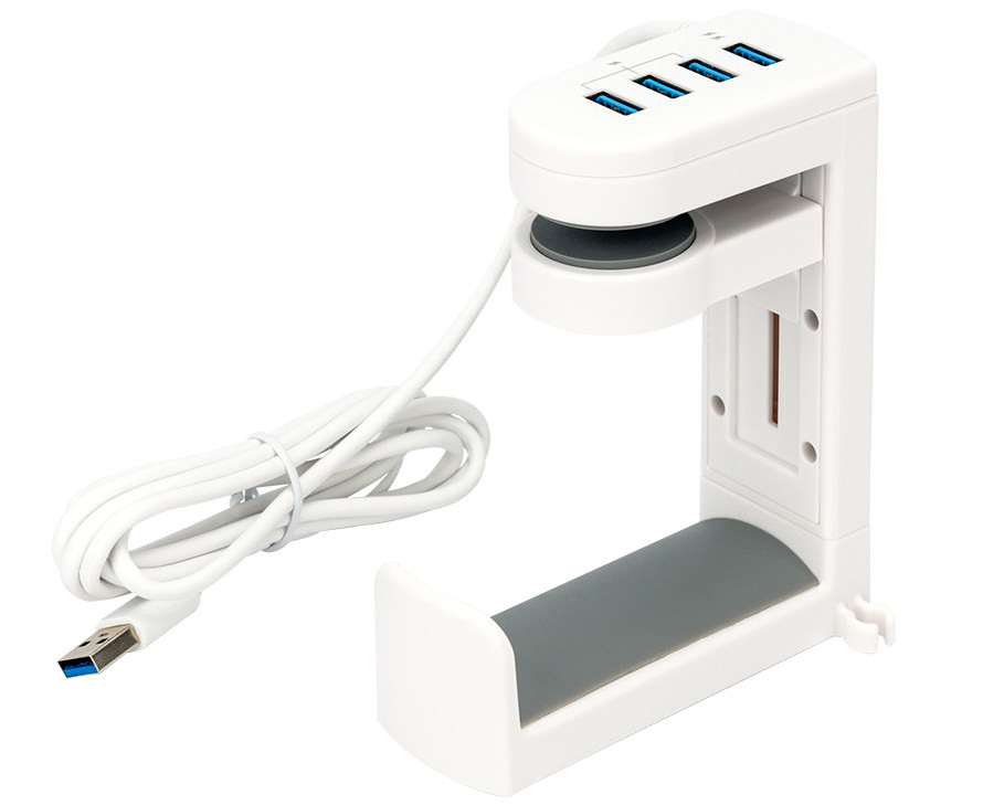 Держатель для наушников поворотный с одним USB 3.0 и тремя USB 2.0 портами (белый цвет)
