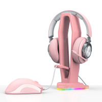 Настольная подставка для наушников с банджи для мыши, USB хабом и RGB подсветкой, розовый цвет
