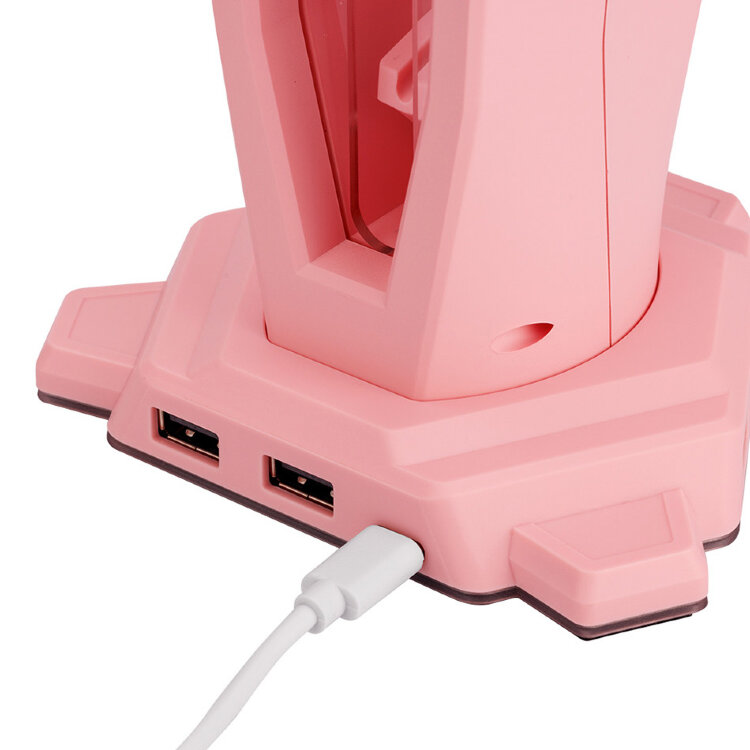 Настольная подставка для наушников с банджи для мыши, USB хабом и RGB подсветкой, розовый цвет