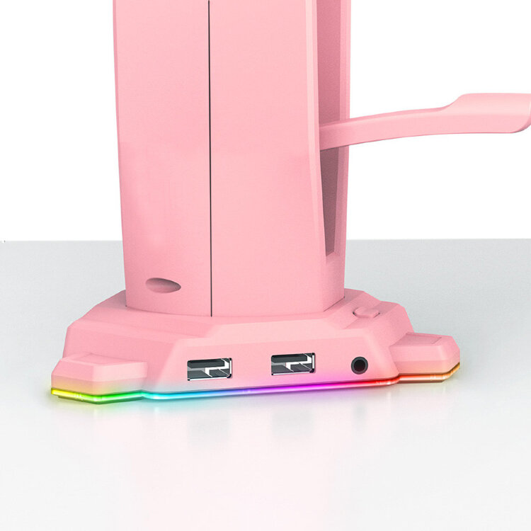 Настольная подставка для наушников с банджи для мыши, USB хабом и RGB подсветкой, розовый цвет