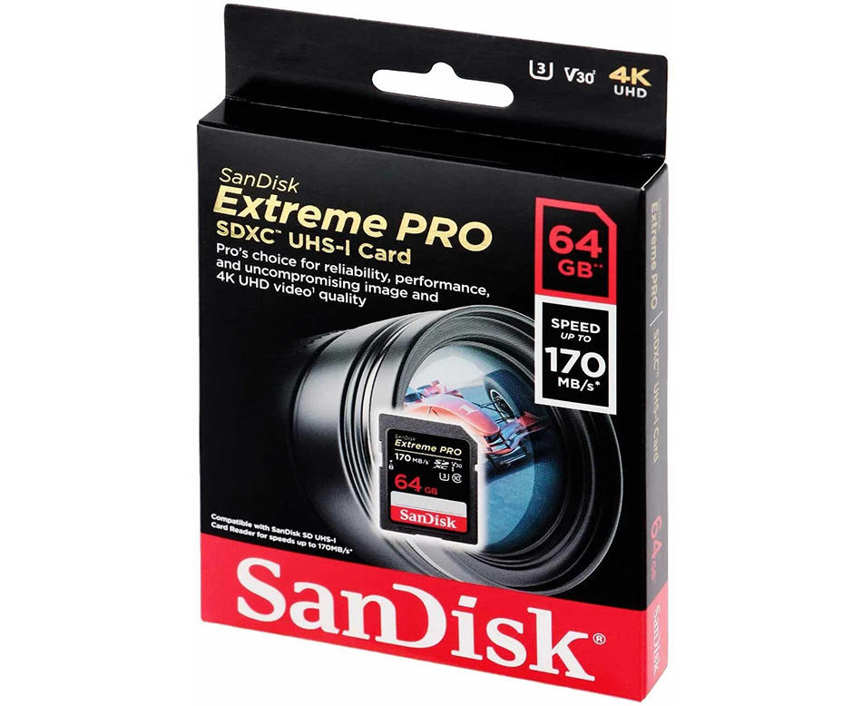 Карта памяти SDXC UHS-I Sandisk Extreme PRO 64 Гб, 170 МБ/с, Class 10