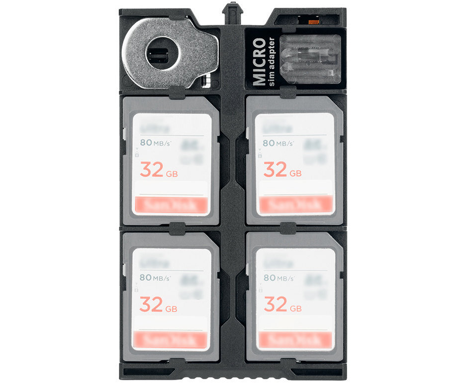 Чехол для SD / microSD карт памяти и nano SIM с micro SIM адаптером, инструментом для площадок и мини линейкой (чёрный цвет)