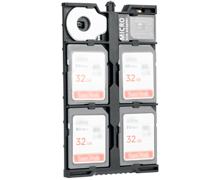 Чехол для SD / microSD карт памяти и nano SIM с micro SIM адаптером, инструментом для площадок и мини линейкой (чёрный цвет)