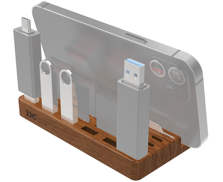 Подставка для смартфона с ячейками для карт памяти и USB Type A / Type C флешек (тёмный орех)