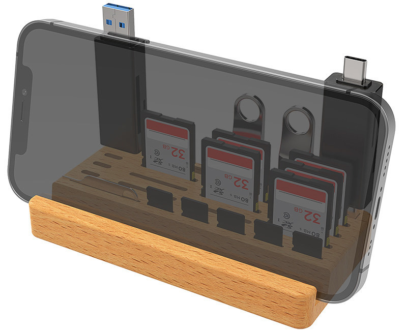 Подставка для смартфона с ячейками для карт памяти и USB Type A / Type C флешек (светлый бук)
