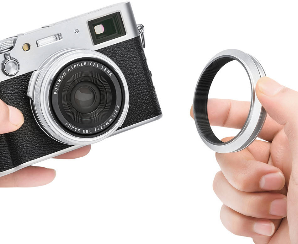 Квадратная бленда для Fujifilm X100VI, X100V, X100F с адаптером на 49 мм (серебристая)