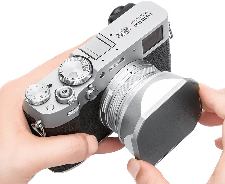 Квадратная бленда для Fujifilm X100VI, X100V, X100F с адаптером на 49 мм (серебристая)